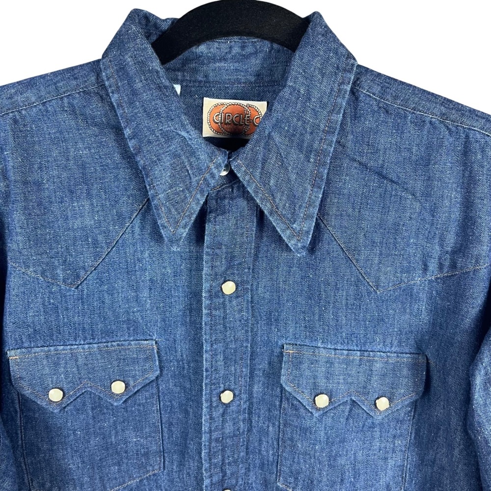 Circle‎ C Western Shirt Men 17-33 Blue Denim Pearl Snap Made in USA Yoke